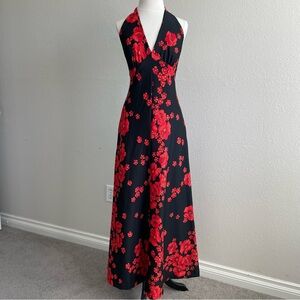 Elegant Black and Red Floral Halter Dress